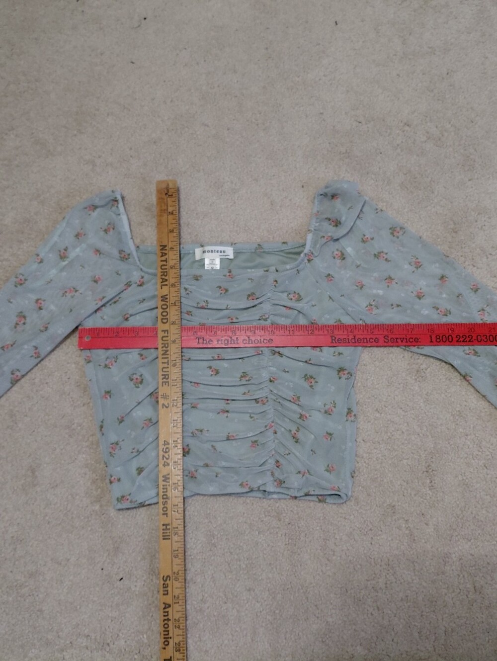 Monteau Light Blue Floral Ruched Square Neck Top - Picture 8 of 9